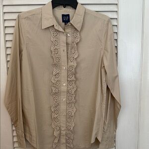 GAP Women’s Beige Long Sleeve Shirt with Eyelet Ruffle Detail